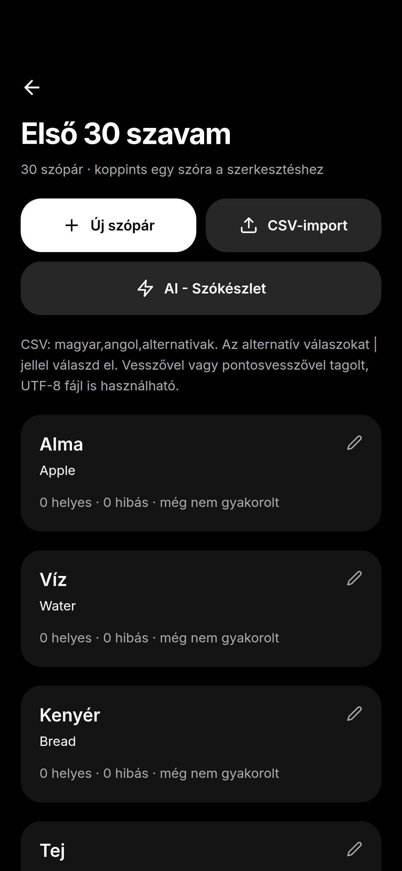 Szavak képernyő